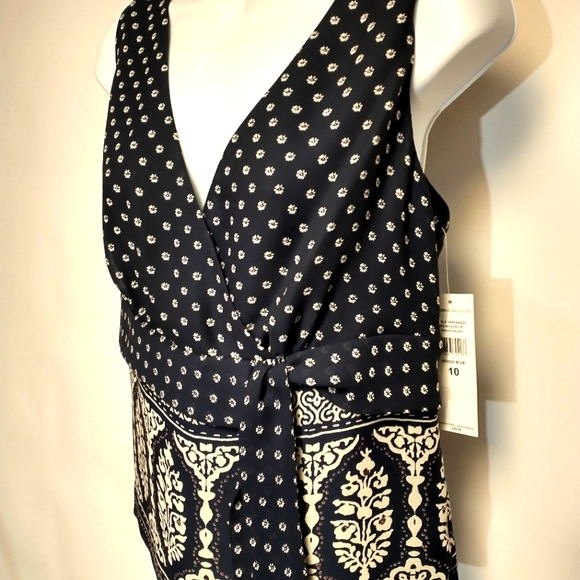 Norton Mc Naughton V-neck Women's Sleeveless Top Navy Blue Floral Print Size 10 - Picture 1 of 5